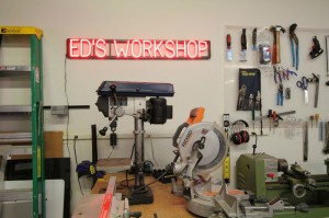 <b>Using Ultra Brite LED Letters</b><br>SpellBrite shows everyone this is ED's workshop area.<br><i>(SpellBrite Red letters used – the intense brightness of the red letters can make them look white or orange in photos.)</i>